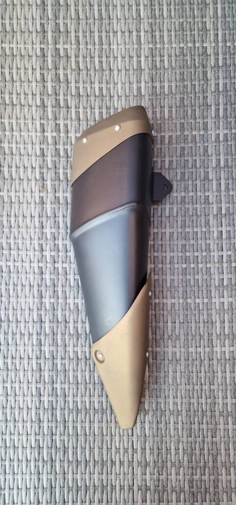 Top view of a GSX-R750 silencer in Cerakote Glacier Black and Burnt Bronze